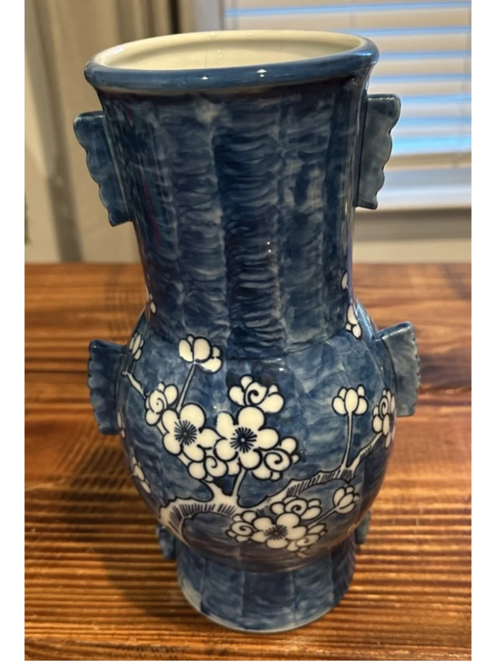 Vintage Chinese Blue White Porcelain Vase Cherry Blossom Prunus Fish Handles 10